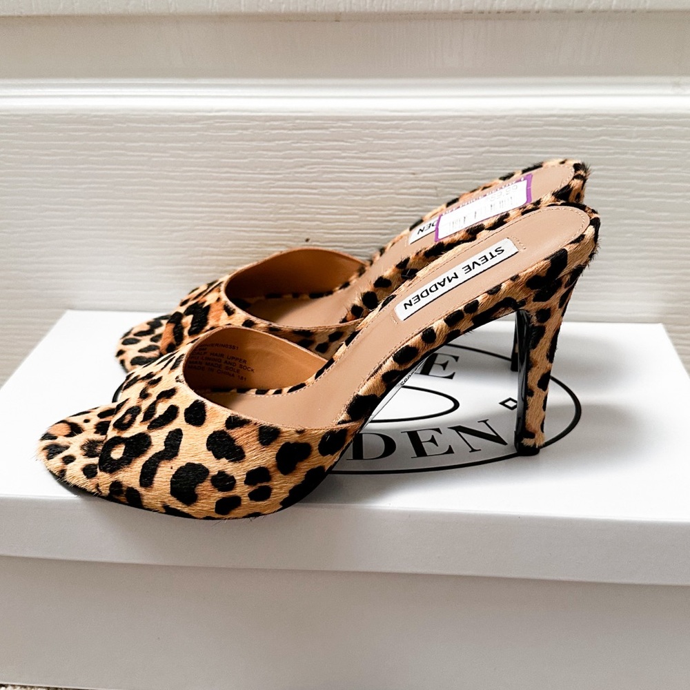 BRAND NEW Steve Madden Erin Leopard Brown and Black Stiletto Peep Toe Heels 6.5